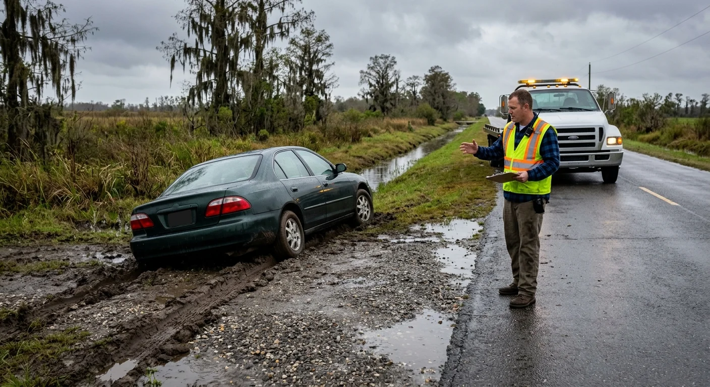 Sedan stuck in mud beside a gravel lot near New Orleans