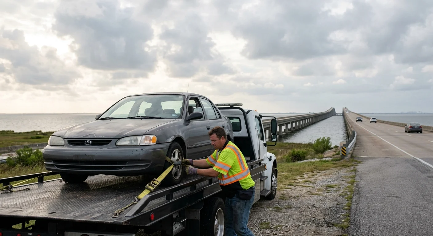 Disabled sedan secured on a flatbed near Lake Pontchartrain