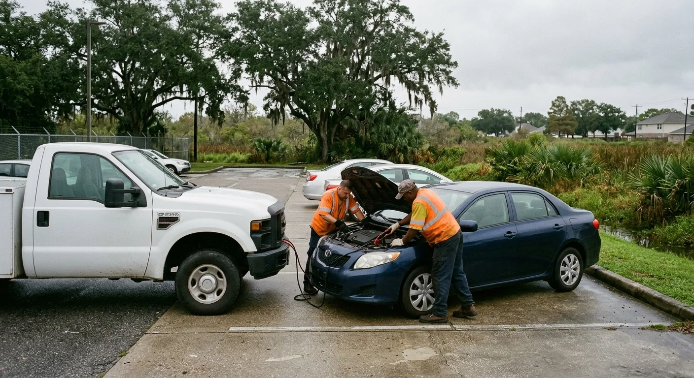 An operator connecting jumper cables under the bonnet of a car in a New Orleans lot