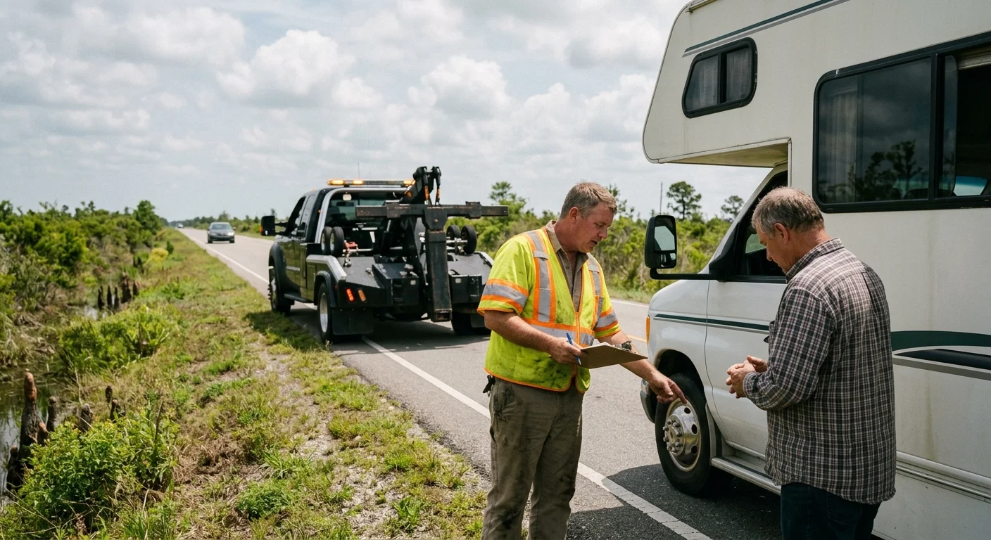 Disabled motorhome beside a heavy tow vehicle on firm Louisiana pavement