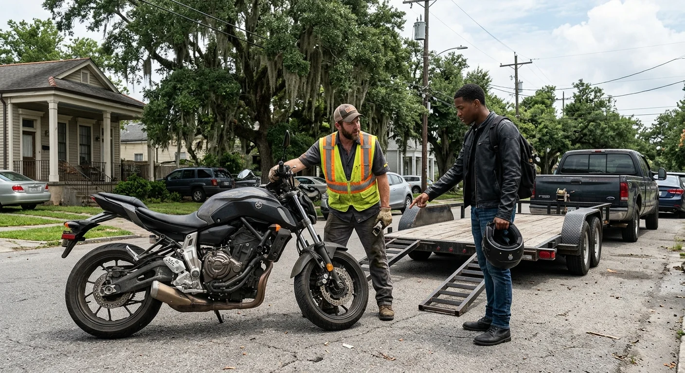 Operator reviewing a disabled motorcycle beside a flatbed trailer