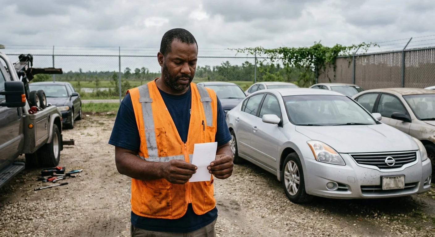 Driver reviewing a printed receipt beside a stored sedan in a Louisiana vehicle yard