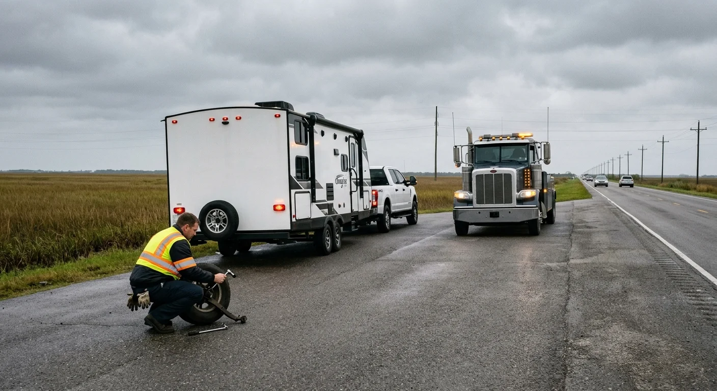 Travel trailer and tow vehicle stopped in a Louisiana highway pullout