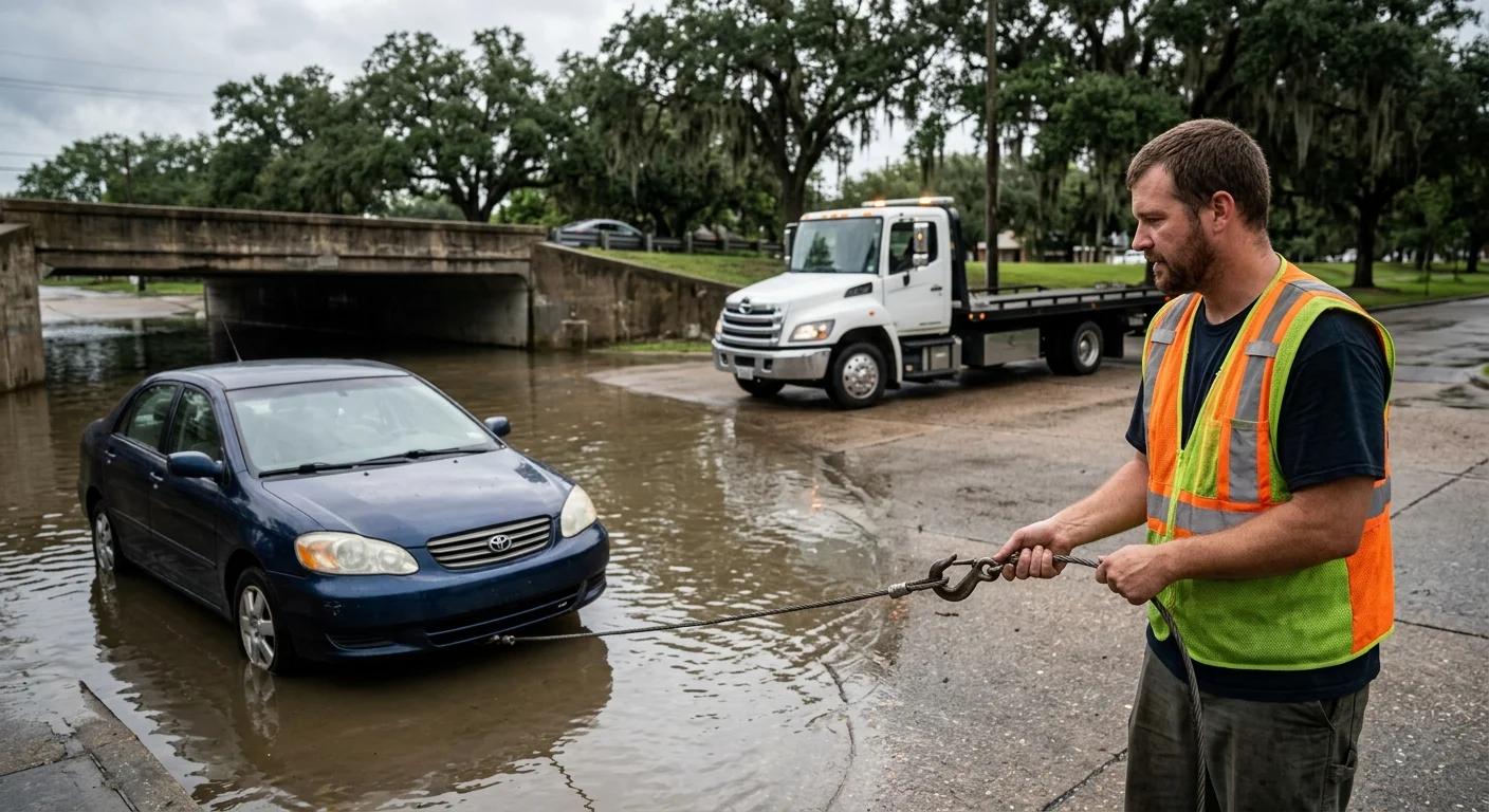 Stalled sedan near a flooded New Orleans underpass after a summer storm