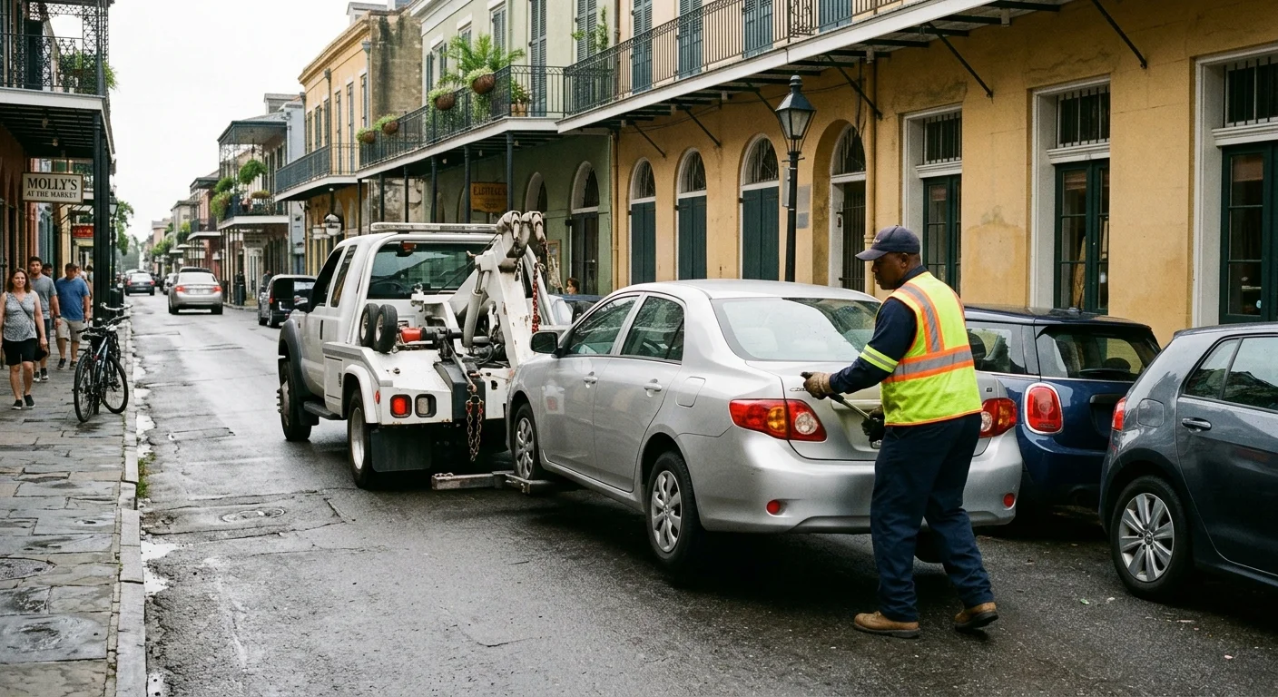 Wheel-lift truck behind a parallel-parked sedan on a narrow New Orleans street