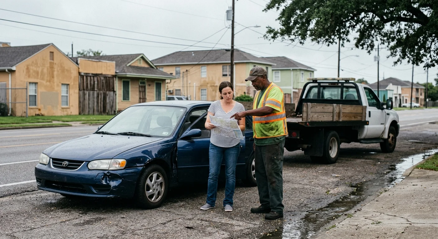 Driver and independent tow operator beside a damaged sedan in New Orleans