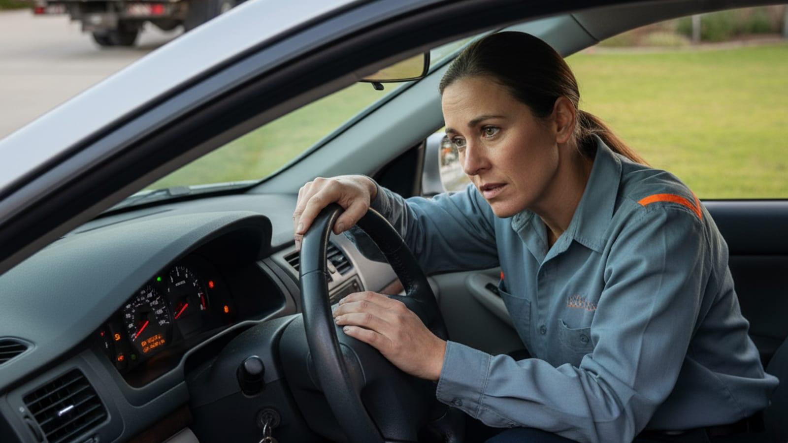 Driver checking dashboard warning lights on a parked car in a New Orleans driveway