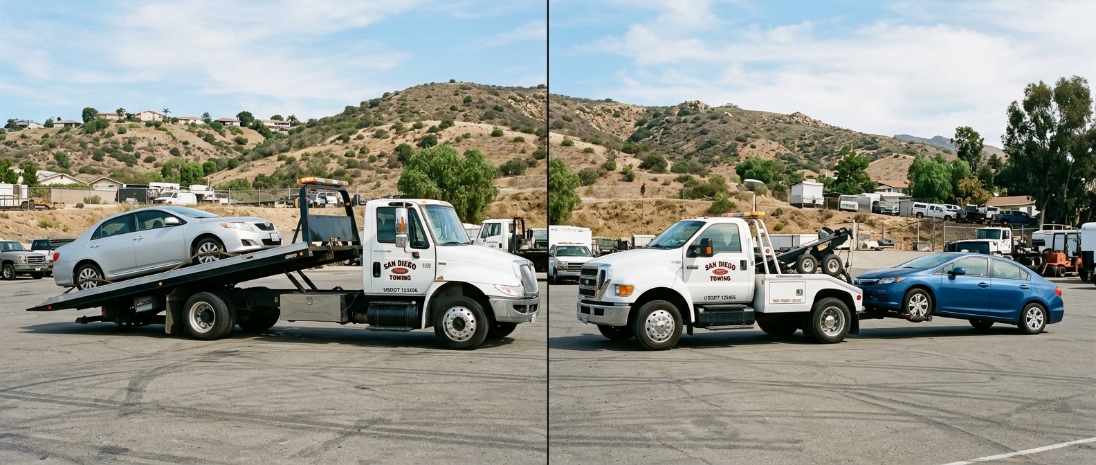 Side-by-side comparison of a flatbed tow truck and a wheel-lift tow truck loading vehicles in a New Orleans service yard