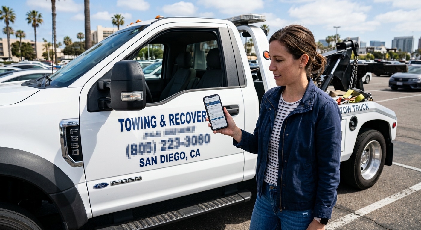 Customer checking a tow operator's credentials on a smartphone in a New Orleans parking lot