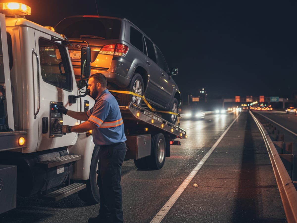 Quick Tow New Orleans flatbed driver loading a disabled SUV on the Pontchartrain Expressway shoulder at night