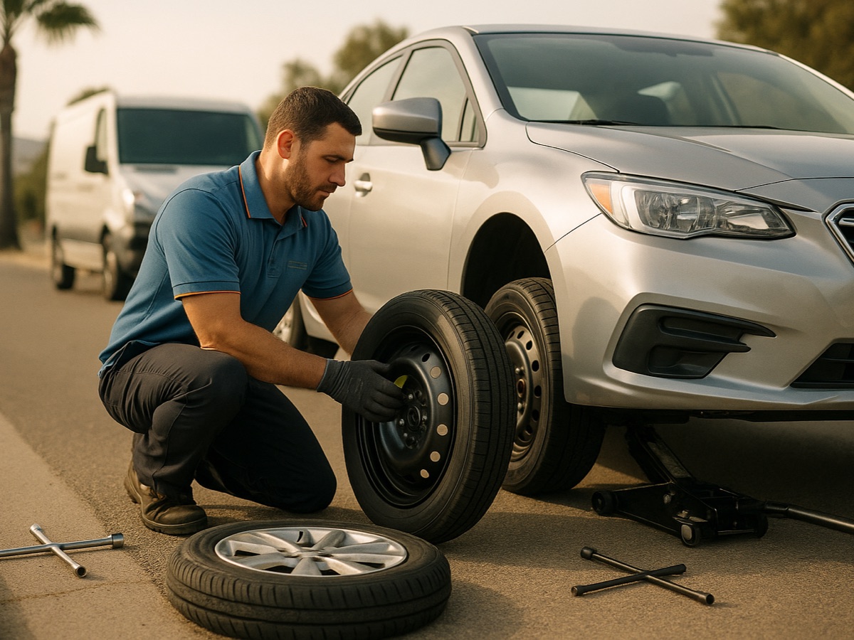 Quick Tow New Orleans technician changing a flat tire for the spare on a vehicle pulled onto a New Orleans street shoulder