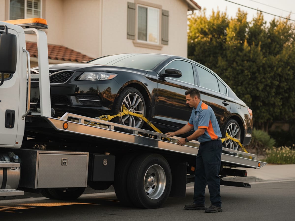 Quick Tow New Orleans rollback flatbed loading a Tesla with soft straps on a Uptown New Orleans residential street