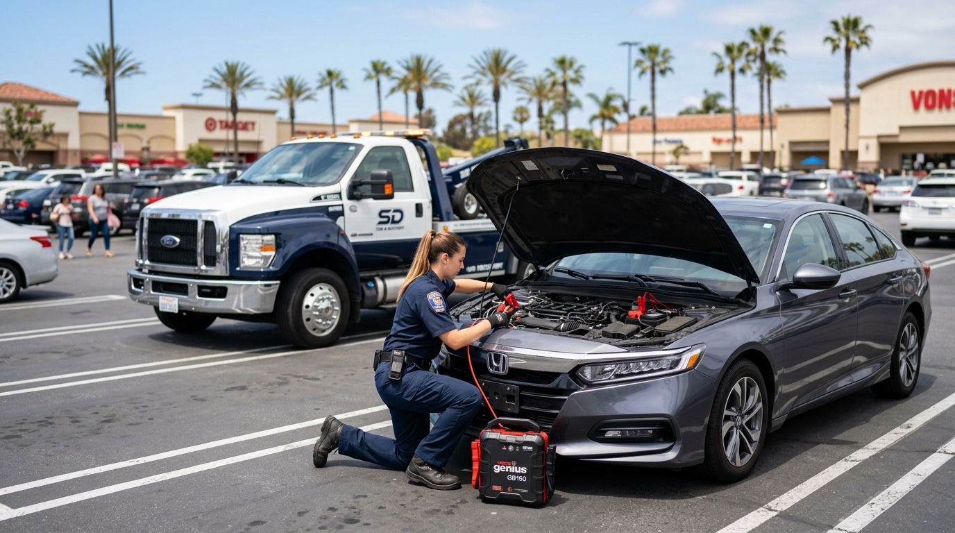 Quick Tow New Orleans technician connecting a commercial jump pack to a dead battery in a New Orleans parking lot during daylight