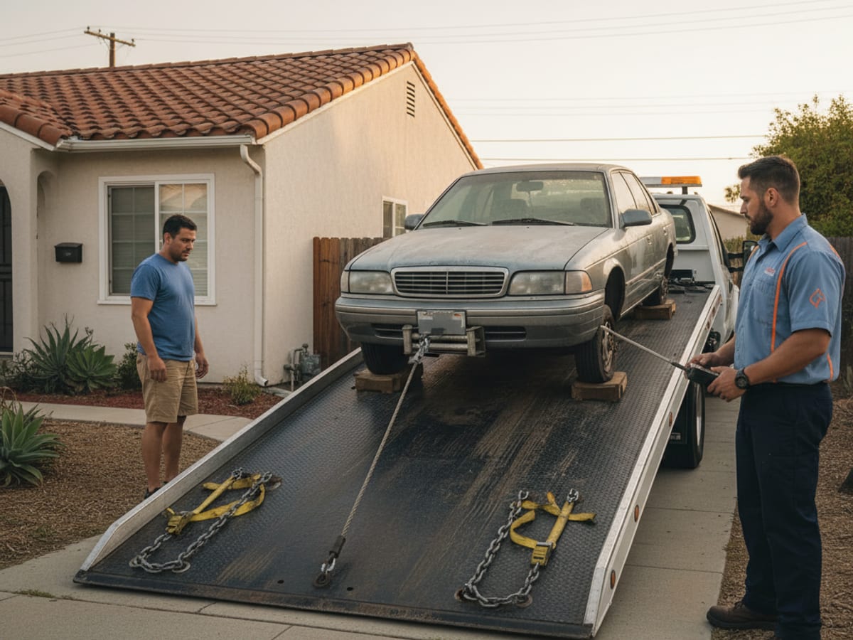 Quick Tow New Orleans flatbed loading a non-running sedan from a Gentilly, New Orleans residential side yard