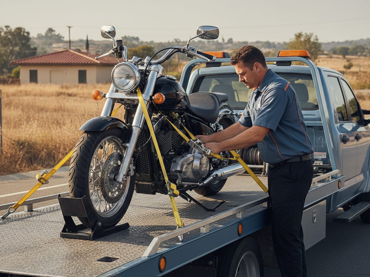 Quick Tow New Orleans driver securing a Harley-Davidson cruiser on a low-deck flatbed with soft straps in New Orleans