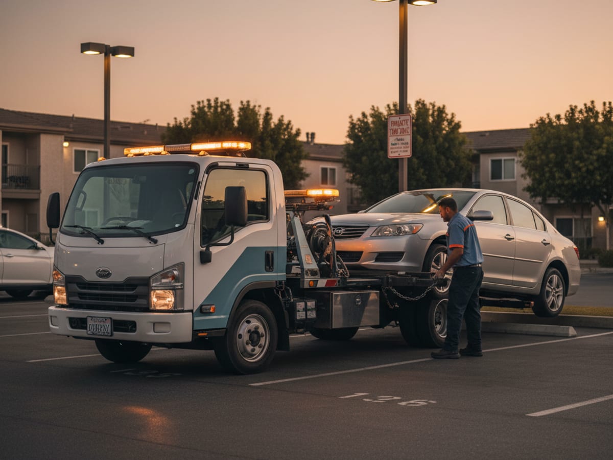 Quick Tow New Orleans truck working a permit-parking apartment complex lot in Mid-City New Orleans at dusk