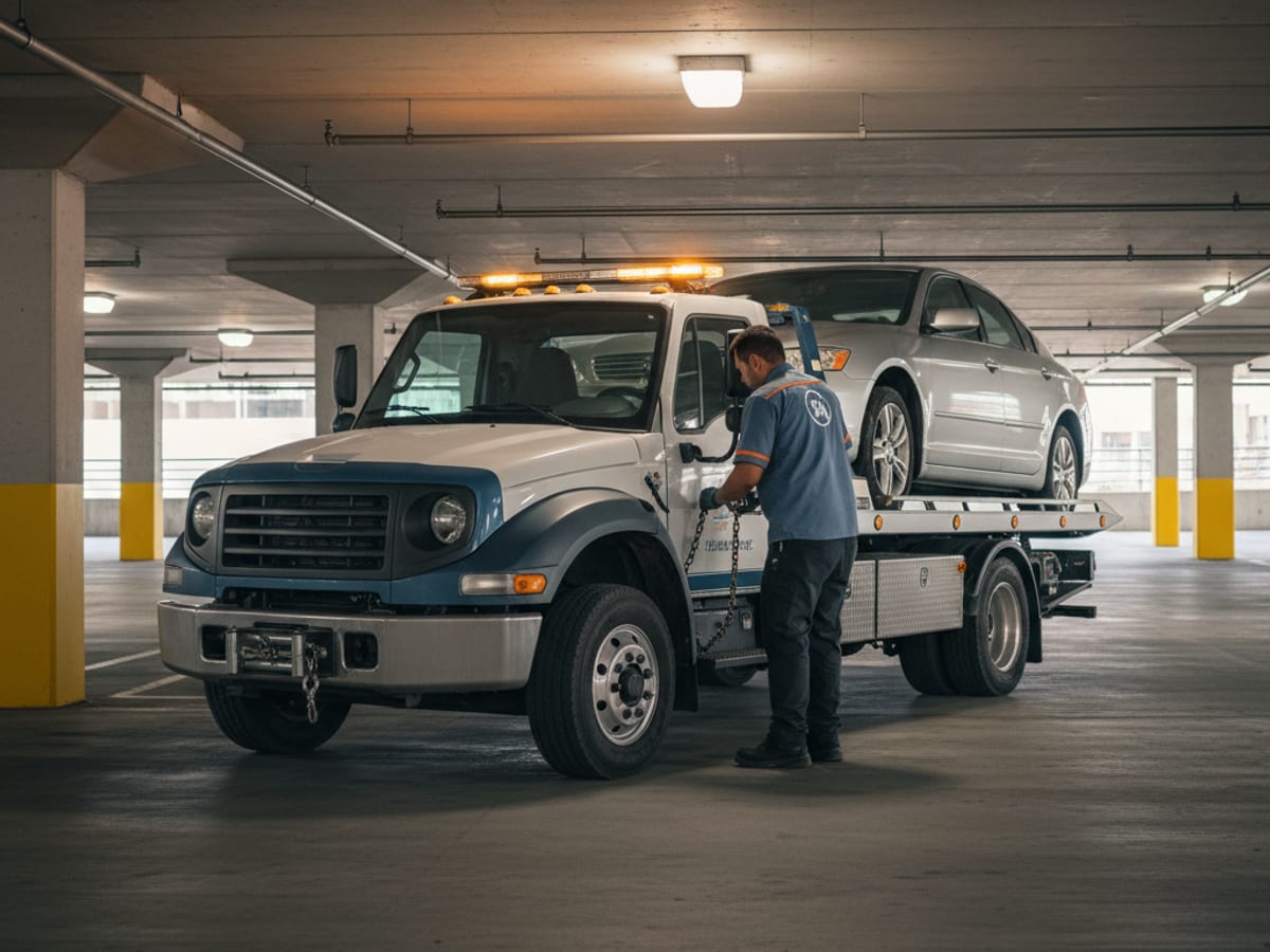Quick Tow New Orleans wheel-lift truck hooking a Honda sedan on a narrow Mid-City New Orleans side street